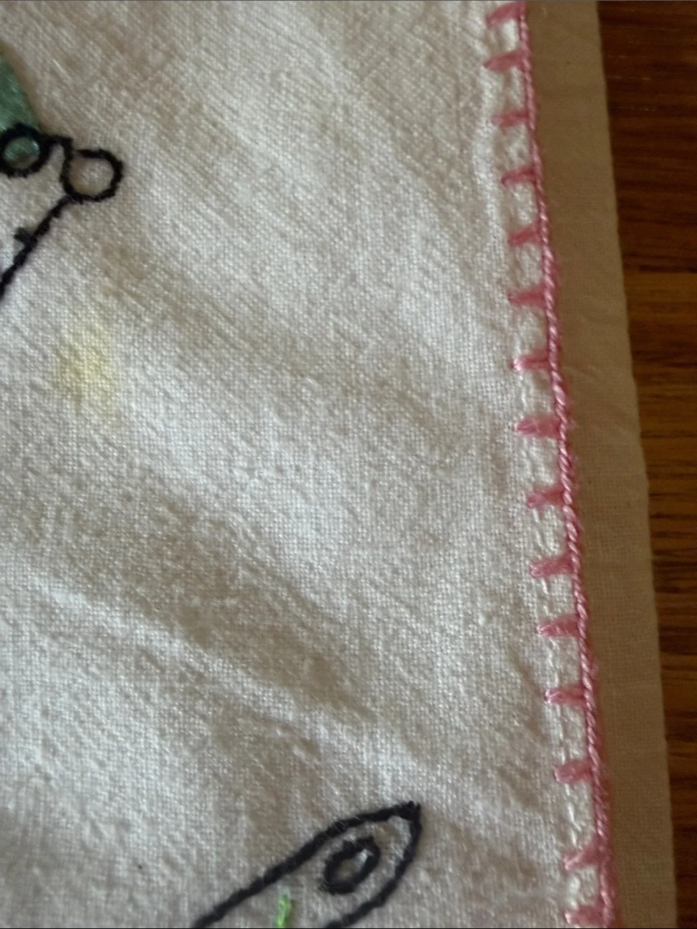 White Kitchen Towel with Green Fish Illustration and Pink Trim